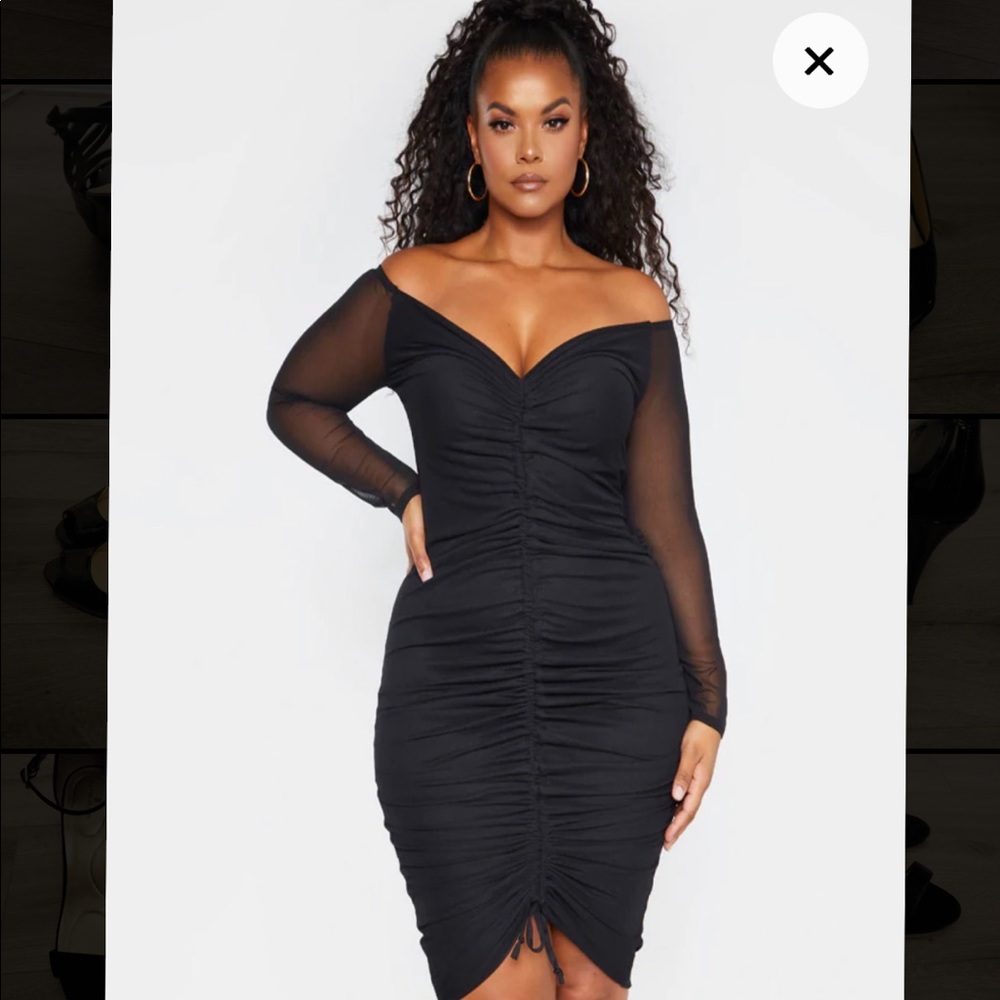 NWT Black ruched mesh midi dress. Size 14